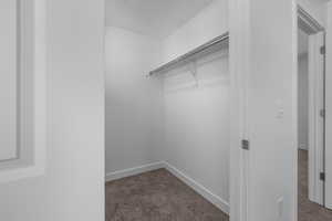 Walk in closet with dark colored carpet