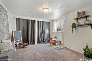 Playroom featuring carpet flooring and a textured ceiling