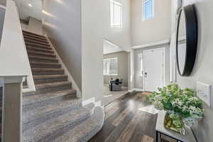 Entrance foyer with dark hardwood / wood-style floors and a towering ceiling