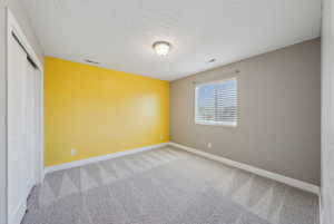 Unfurnished bedroom featuring carpet floors, a textured ceiling, and a closet