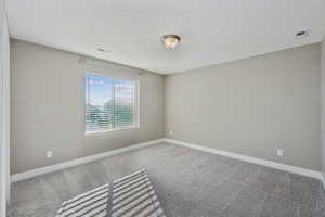 Carpeted spare room featuring a textured ceiling