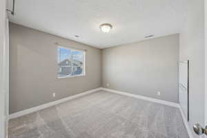 Unfurnished room featuring carpet and a textured ceiling