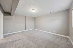 Unfurnished room with carpet floors and a textured ceiling