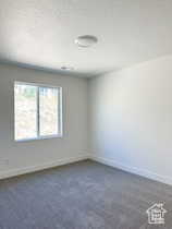 Carpeted empty room featuring a textured ceiling