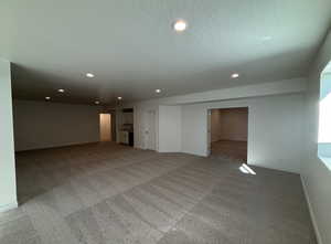 Unfurnished living room with light carpet and a textured ceiling