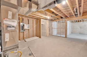 Unfinished basement with electric panel