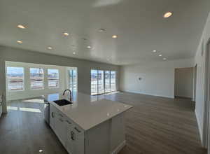 Kitchen featuring sink, a kitchen island with sink, dark hardwood / wood-style floors, white cabinets, and stainless steel dishwasher