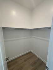 Walk in closet with dark wood-type flooring