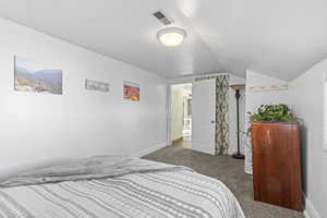 Carpeted bedroom with vaulted ceiling