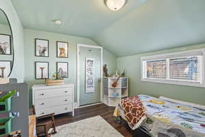 Bedroom with dark hardwood / wood-style flooring and vaulted ceiling