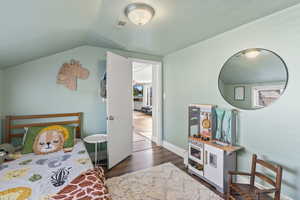 Bedroom featuring vaulted ceiling and dark wood-type flooring