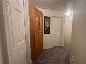 Hall with dark carpet and a textured ceiling