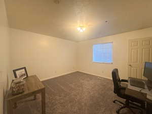 Carpeted office featuring a textured ceiling