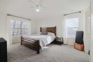 Bedroom featuring ceiling fan and carpet