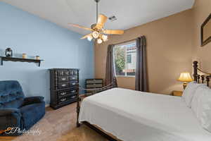 Carpeted bedroom featuring vaulted ceiling and ceiling fan