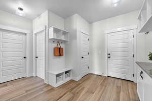 Mudroom with light hardwood / wood-style floors