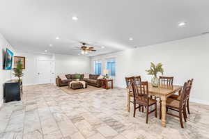 Dining area with ceiling fan