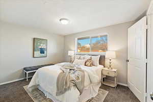 Carpeted bedroom with a textured ceiling