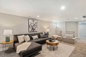 Carpeted living room with a textured ceiling