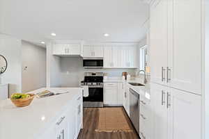 Kitchen featuring sink, stainless steel appliances, light stone countertops, white cabinets, and dark hardwood / wood-style flooring