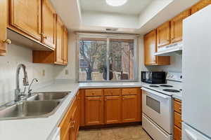 Kitchen featuring white appliances, a tray ceiling, and sink