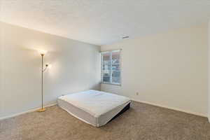 Carpeted bedroom with a textured ceiling