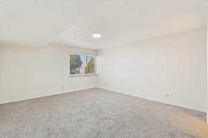 Unfurnished room featuring carpet, lofted ceiling, and a textured ceiling