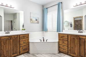 Bathroom with vanity, a bath, and hardwood / wood-style flooring