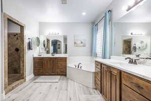 Bathroom featuring hardwood / wood-style flooring, plus walk in shower, and vanity