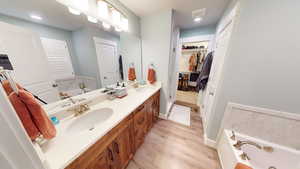 Bathroom featuring vanity, wood-type flooring, and a bath