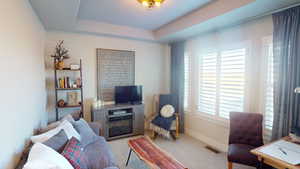 Carpeted living room with a tray ceiling