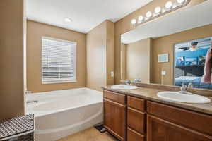 Primary suite double vanity and soaking tub.