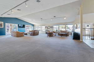 Living room featuring lofted ceiling, a textured ceiling, and carpet