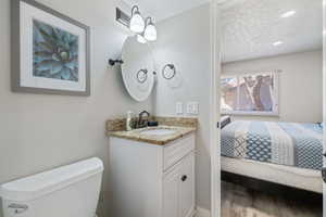 Bathroom featuring vanity, wood-type flooring, a textured ceiling, and toilet