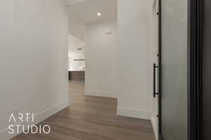 Hallway featuring wood-type flooring