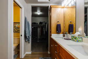 Bathroom with wood-type flooring, toilet, and vanity