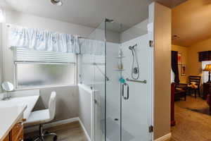 Bathroom featuring vanity, wood-type flooring, and walk in shower