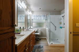 Bathroom with hardwood / wood-style flooring, vanity, and walk in shower