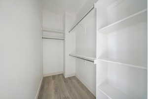 Spacious closet with light hardwood / wood-style flooring