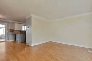 Unfurnished living room with crown molding and light wood-type flooring