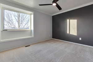 Unfurnished room featuring ornamental molding, ceiling fan, and carpet