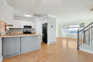 Kitchen with sink, kitchen peninsula, stainless steel appliances, light hardwood / wood-style floors, and white cabinets