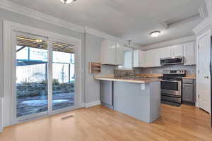 Kitchen with stainless steel appliances, a breakfast bar area, white cabinets, and kitchen peninsula