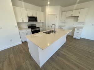 Kitchen with stainless steel appliances, white cabinetry, sink, and a center island with sink