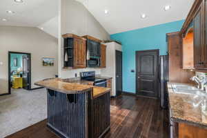 Kitchen with a breakfast bar, sink, high vaulted ceiling, dark hardwood / wood-style flooring, and stainless steel appliances