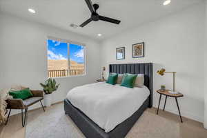 Bedroom featuring ceiling fan and light hardwood / wood-style floors