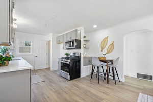 Kitchen featuring appliances with stainless steel finishes, gray cabinets, sink, and light hardwood / wood-style flooring