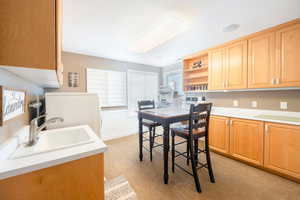 Kitchen featuring light colored carpet and sink