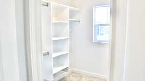 Spacious closet featuring light colored carpet