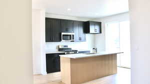 Kitchen with sink, a center island with sink, light hardwood / wood-style floors, and appliances with stainless steel finishes